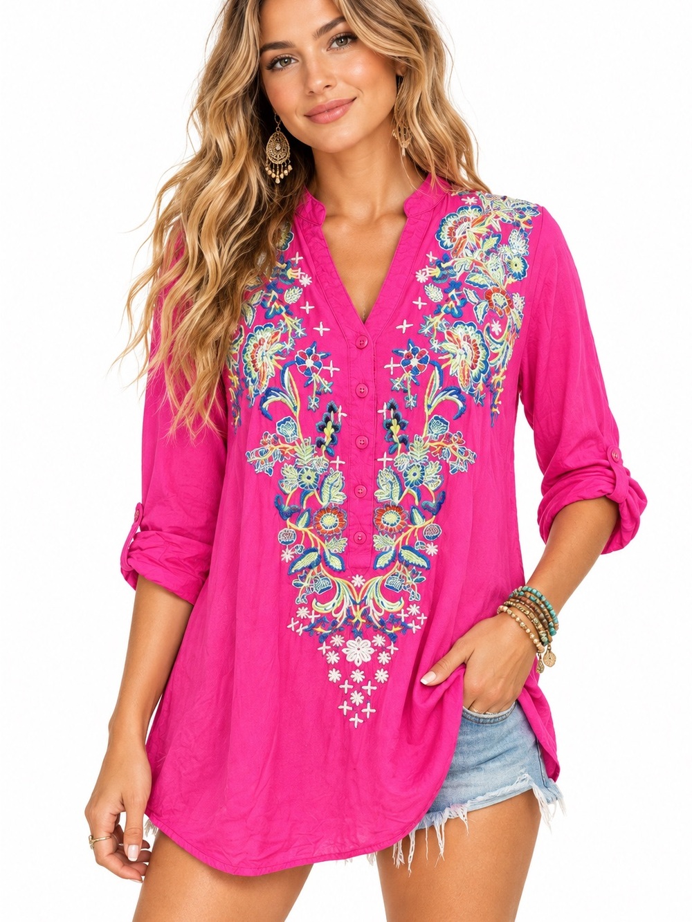 Luna Moon Boho Embroidered V-Neck Women's Top in Bright Pink